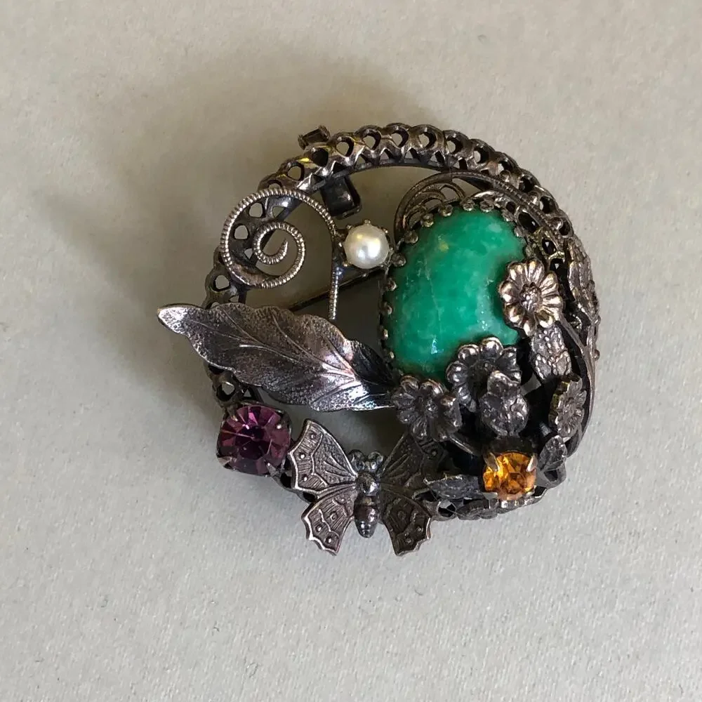 Vintage Glass Stone Brooch Silver Tone Green Flower Leaf Pin Pendant Retro